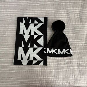 Michael Kors Black and White Logo Beanie and Scarf Set